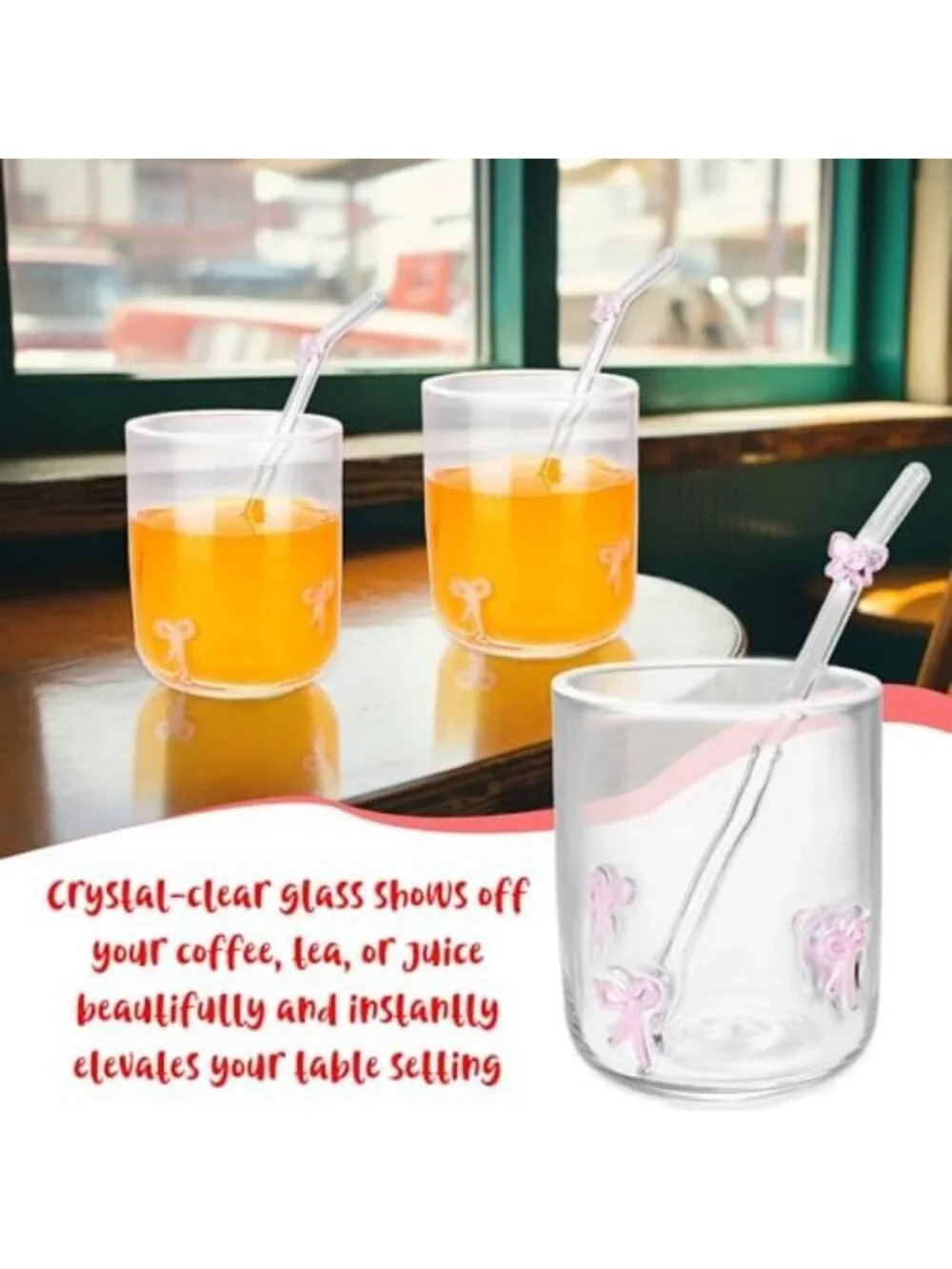4 Set 14 oz Pink Bow Juice Glasses with Straws - Aesthetic Handblown Cups for